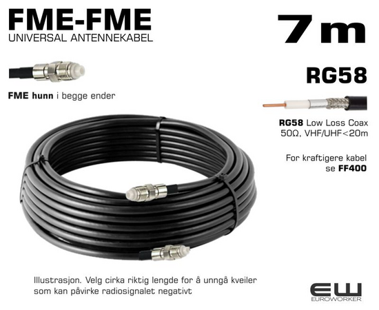 UNIVERSAL ANTENNEKABEL - 7m (FME-hunn, FME-hunn, RG58, Coax Low Loss)