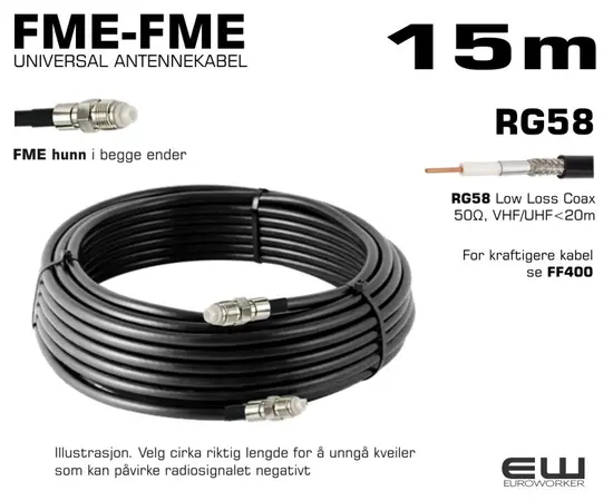 UNIVERSAL ANTENNEKABEL - 15m (FME-hunn, FME-hunn, RG58, Coax Low Loss)