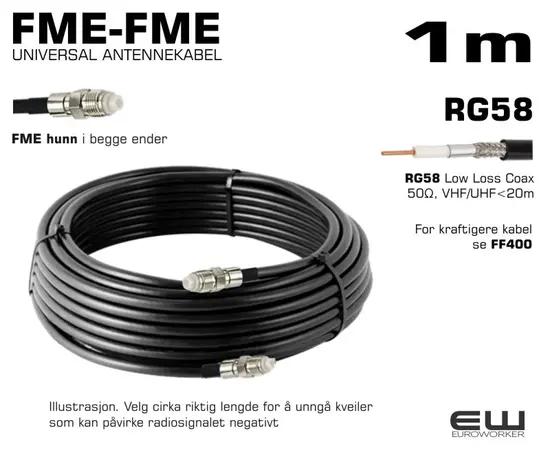 UNIVERSAL ANTENNEKABEL - 1m (FME-hunn, FME-hunn, RG58, Coax Low Loss)