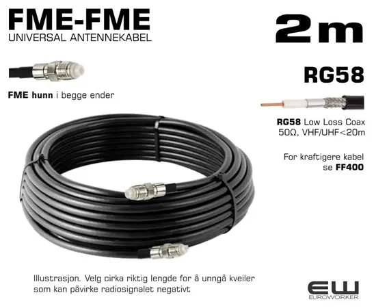UNIVERSAL ANTENNEKABEL - 2m (FME-hunn, FME-hunn, RG58, Coax Low Loss)
