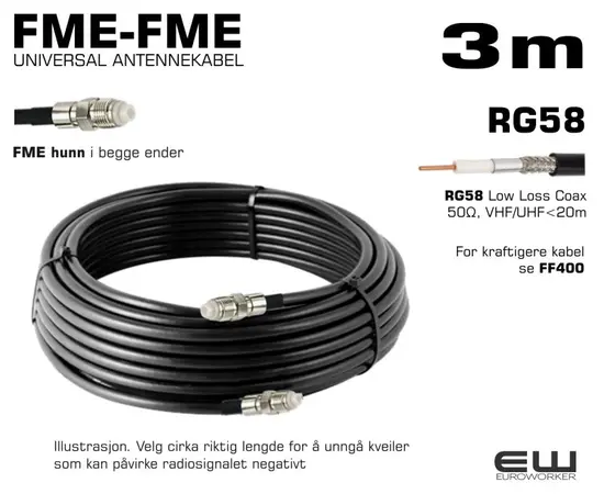 UNIVERSAL ANTENNEKABEL - 3m (FME-hunn, FME-hunn, RG58, Coax Low Loss)