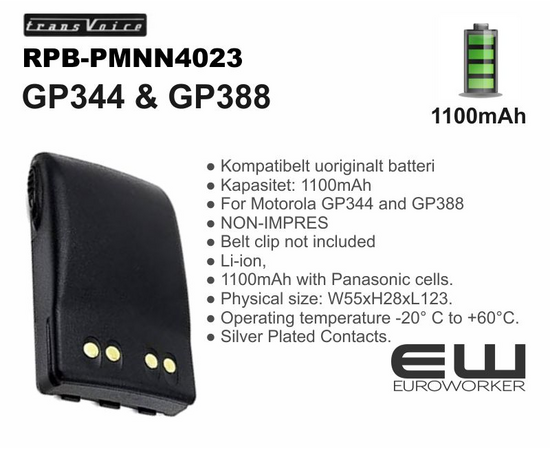 ● Kompatibelt uoriginalt batteri
● Kapasitet: 1100mAh 
● For Motorola GP344 and GP388 
● NON-IMPRES
● Belt clip not included
● Li-ion,
● 1100mAh with Panasonic cells. 
● Physical size: W55xH28xL123. 
● Operating temperature -20° C to +60°C. 
● Silver Plated Contacts.