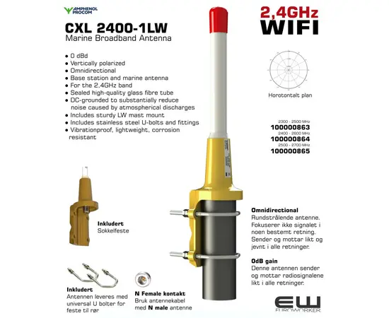 ● 0 dBd
● Vertically polarized
● Omnidirectional 
● Base station and marine antenna 
● For the 2,4GHz band
● Sealed high-quality glass fibre tube
● DC-grounded to substantially reduce 
   noise caused by atmospherical discharges
● Includes sturdy LW mast mount 
● Includes stainless steel U-bolts and fittings
● Vibrationproof, lightweight, corrosion 
  resistant
