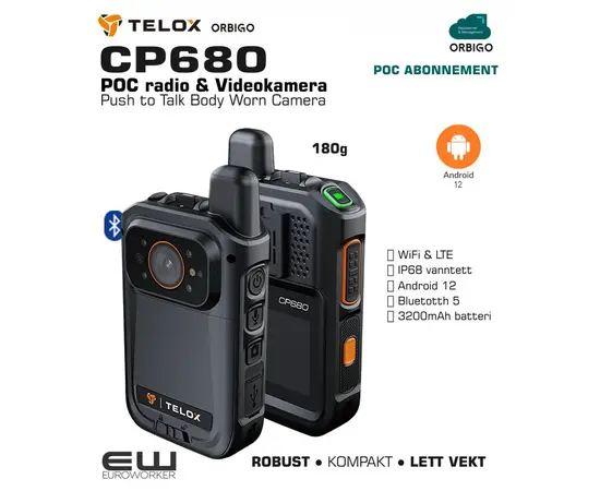 Telox CP680 Push to Talk Body Worn Camera (Android 12, IP68, BT 5.0)
