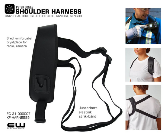 FG-31-000007
    Klick Fast Skulder bæresele
    For radio, kamera
    Ergonomisk utformet
    Shoulder harness with Klick Fast Dock mounted on a comfortable, leather strap just below the left shoulder.
    Suitable for high mounting of devices such as two-way radios, body-worn video cameras and portable gas detection monitors.
        A length-adjustable, elasticated strap fits over the right shoulder to secure the harness
        Can be worn covertly under jackets or over outerwear