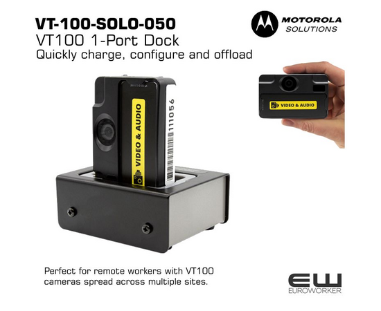 Charge, configure and offload a single VT100 body-worn camera. Quickly charge, configure and offload your VT100 body-worn camera. The 1-port dock is compact and lightweight, perfect for remote workers with a small number of VT100 cameras spread across multiple sites.