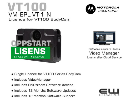 ● Single Licence for VT100 Series BodyCam
● Includes VideoManager
● Includes ONStream Software Access 
● Includes 12 Months Software Updates 
● Includes 12 months Software Support