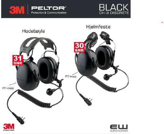 Inkl. Euroworker Serviceavtale - hjelp og support etter behov.
    Ny serie CH-3 headset i svart
    Industriheadset fra Peltor med PTT-knapp og direkte kobling til Icom radio
    Velg mellom følgende 3 kabler:

        FLX2-64 - 710019756 (2 pins med skruefeste:
            F1000, F2000, F29SR, F29SR2, F11, F21, F14/24, F14S, F24S, F25, F33G, F3Gs, F43G, F43TR, IC-F3000, F3001, F3002, IC3011, F3021, F3021S, F3021T, IC F-302 S, F4000, F4001, F4002, F4011, F4021, F3021S, F4021T, F4026

        FLX2-44 - 7100197565 (Icom multipin):
            F31, F41, F30G, F31G, F40G, F41G, F50, F51, F60, F61, F70, F80, 3161, F3161S, F3161DT/T, F3161DS/S, F3162, F3262, F4061S, F4161, F4161DS/S, F4161DT/T, F4162DT, IC- M88 and all Icom multiple-pin radios.

        FLX2-35 - 7100197556 (Icom 2 pins vinklet)
            IC-F3, F3S, F4, F4S, F4TR, F10, IC-H2, H6, J12, M5, U12, U16, 4008, 4088A, T7H. Vertex: VX200 Series, VX500 Series, VX510 Series, VX52OUD.

    Velg ønsket festeanordning fra menyen:

        MT74H52P3E-111 SV- Hjelmfeste (SAP id: 7100325910)
        MT74H52A-111 SV - Hodebøyle (SAP id: 7100326362)

    Viktig forbedring med forsterket lyd i høyttaler verd bruk mot digitalt samband.
    Behagelig fyldig lydkvalitet beregnet for heldagsbruk
    Lydisolerende dual mold design gir slankere skall med bedre dempning.
    Vanntett mikrofon egnet for alle typer støy
    Nyutviklet hodebøyle med jevnere trykkfordeling og komfort for heldagsbruk
    Avtagbar flexkabel slik at samme headset alternativt kan brukes til mobil, intercom eller en annen sambandsradio
    Farge gul for god synlighet - sikkerhet er viktigst.
    Avtagbar stereo flexkabel
    Egnet for bruk i alle miljøer hvor det er støy - feks:
     
        industri
        offshore
        produksjon
        bygg og anlegg
        oppdrett
        event mv.