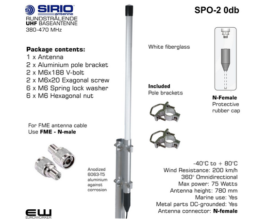 Sirio SPO-2 0db UHF Baseantenne Rundstrålende (380-470MHz)