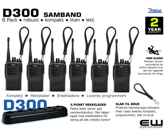 Zodiac D300 6 Pack Kompakt Yrkesradio med rekkelader (IP55, UHF, VHF, Fallsikring)