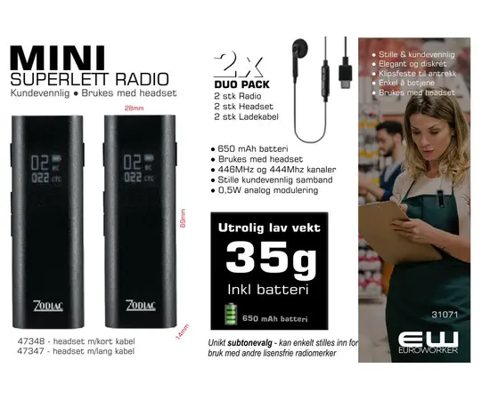 Zodiac Mini 446 Duo Pack  – Liten lisensfri radio for butikk og retail (446 % 444MHz)