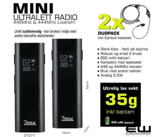 Zodiac Mini 446 Duo Pack  – Liten lisensfri radio for butikk og retail (446 % 444MHz)