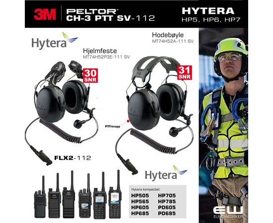 3M Peltor CH-3 PTT BLACK Standard Industri Headset til Hytera HP5, HP6, HP7 serie (og PD6- serie)