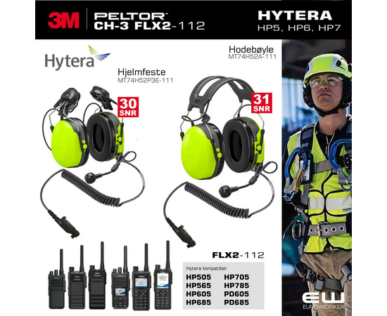 3M Peltor CH-3 FLX2 PTT Standard Industri Headset til Hytera HP5, HP6, HP7 serie (og PD6- serie)