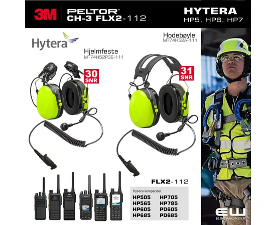 3M Peltor CH-3 FLX2 PTT Standard Industri Headset til Hytera HP5, HP6, HP7 serie (og PD6- serie)