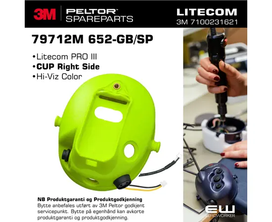 Replacement CUP Right Side Hi-Viz - Peltor Litecom PRO III Spareparts_79712M 652-GB/SP - 7100231621 _euroworker