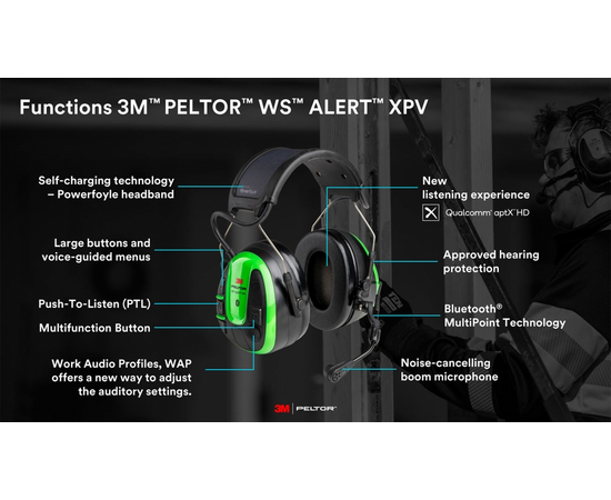 3M Peltor WS Alert XPV Multipoint Bluetooth Headset - Solcellelading_Headband - MRX21A1WS7_euroworker