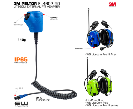 3M PELTOR FL4602-50 LITEOM EXTERNAL PTT ADAPTER (Atex) - 7100373570