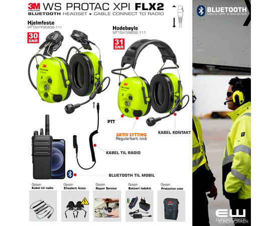 3M Peltor WS Protac XPI FLX2 - Bluetooth Headset med konnetor for kablet tilkobling til håndholdt radio