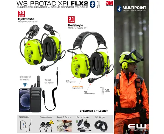 3M Peltor WS Protac XPI FLX2 - Bluetooth Headset med konnektor for kablet tilkobling til håndholdt radio-MT15H7P3EWS6-111   MT15H7AWS6-111_euroworker