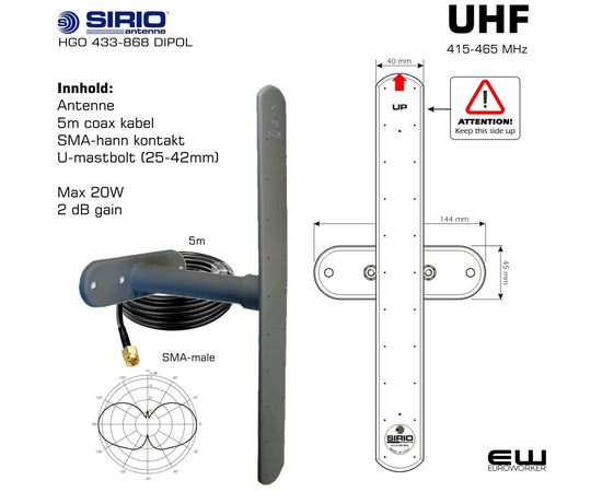 Baseantenne Sirio HGO 433-868 UHF dipol 400-470 MHz 5 meter kabel m/SMA. Integrert veggfeste