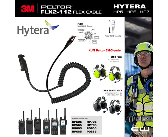 3M Peltor FLX2-112 kabel  Hytera Euroworker til Peltor CH-3