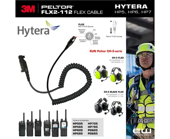 3M Peltor FLX2-112 kabel  Hytera Euroworker til Peltor CH-3