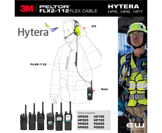 3M Peltor CH-3 FLX2 PTT Standard Industri Headset til Hytera HP5, HP6, HP7 serie (og PD6- serie)