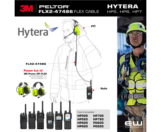 3M Peltor FLX2-47486 kabel for WS Protac XPI FLX2 til Hytera HP5, HP6, HP7-serier