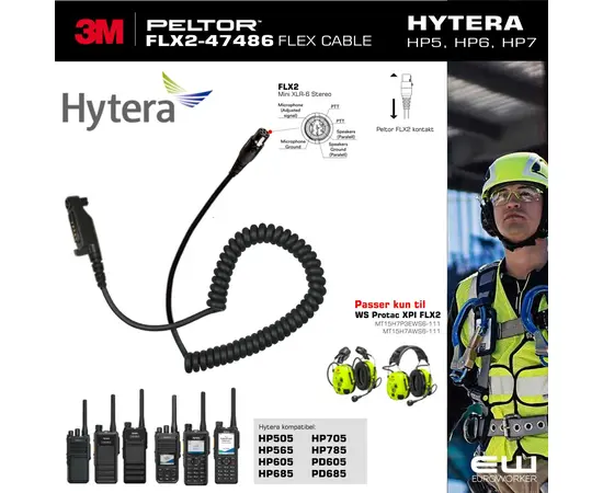 3M Peltor FLX2-47486 kabel for WS Protac XPI FLX2 til Hytera HP5, HP6, HP7-serier