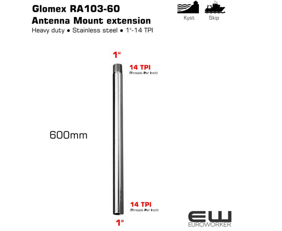 Antenna extension RA103-60
Glomex antennas’ extensions are used for vertical elevation of the antenna in order to clear the reception/transmission field. They can be made of stainless steel or UV resistant fibreglass, with standard 1″”x14 thread, and they are the ideal complement to all Glomex antennas (VHF, AIS, etc.). RA103/60 is a stainless steel extension, 600 mm/24” high.