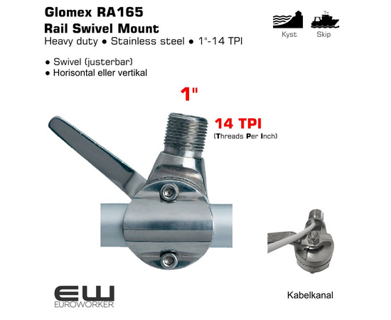 RAIL SWIVEL MOUNT IN STAINLESS STEEL – HORIZONTAL AND VERTICAL RAIL
Rail ratchet mount stainless steel electropolished, design with handle locking and hole for GPS. Easily installation on vertical or horizontal rails of 7/8” (22mm) and 1” (25mm). Usable with antennas no longer than 8’ (2,4 m) in self supporting mode. Standard thread 1”x14 .