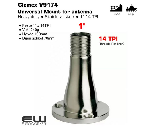 Glomex V9174 ● Feste 1″ x 14TPI
● Vekt 240g
● Høyde 100mm
● Diam sokkel 70mm
V9174
Euroworker