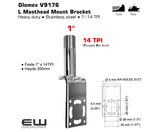 Glomex V9176 L Masthead Mount Bracket 1"-14TPI