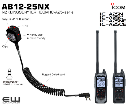 Nøklingsbryter for Icom radioer med Icom Marine rado kontakt
    Hanskevennlig PTT knapp
    J11 Peltor nexus inngang
    Krafitg spiralkabel med stor diam. - behagelig å arbeide med.
    Kraftig klips bakside for feste på antrekket
    Icom Airband radio IC-A25-serie