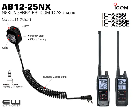 Nøklingsbryter for Icom radioer med Icom Marine rado kontakt
    Hanskevennlig PTT knapp
    J11 Peltor nexus inngang
    Krafitg spiralkabel med stor diam. - behagelig å arbeide med.
    Kraftig klips bakside for feste på antrekket
    Icom Airband radio IC-A25-serie