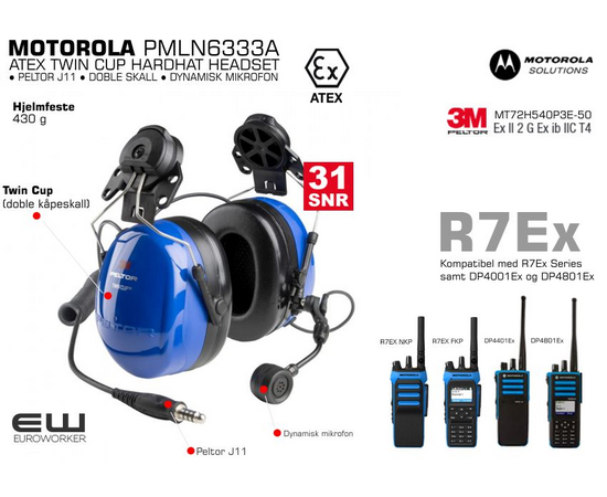 Kompatibilitet: R7Ex ATEX-serien, DP4401Ex og DP4801Ex, samt MPT8000-serien MOTOROLA PMLN6333A  ATEX TWIN CUP HARDHAT HEADSET (3M Peltor MT72H540P3E-50 )
