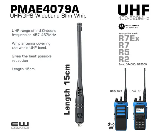 Motorola PMAE4079A UHF Whip Antenna (MX, 400-520MHz, R2, R5, R7, Atex)