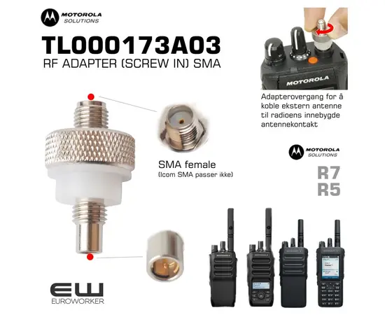 RF ADAPTER (SCREW IN)
TL000173A02 is no longer available. Will be replaced by TL000173A03 sometime this fall. Price is unfortunately unknown. RF Adaptor which adapts the portable radio’s antenna port to SMA for connection to external antenna.