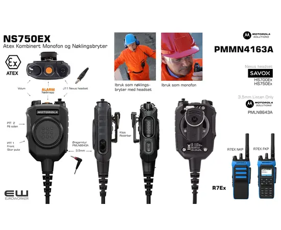 Motorola NS750EX Atex Kombinert Monofn og Nøklingsbryter (R7Ex, J11, 3,5mm) PMMN4163A NS750EX, PMMN4163A, NS750EX