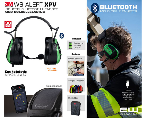3M Peltor WS Alert XPV Multipoint Bluetooth Headset - Solcellelading_Headband - MRX21A1WS7_euroworker