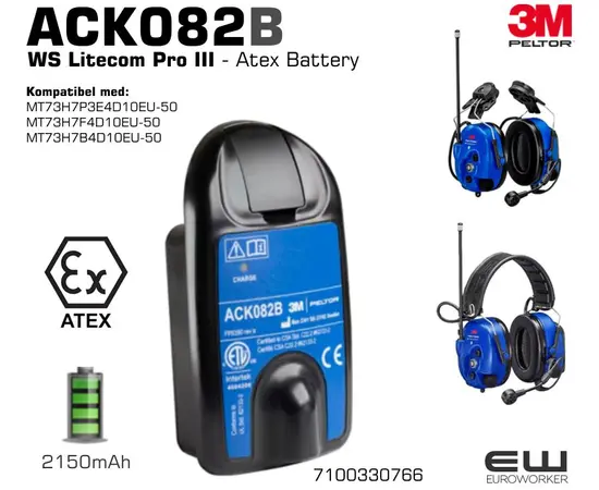 3M PELTOR ACK082B/1 Atex Rechargeable Li-Ion Battery Pack,
