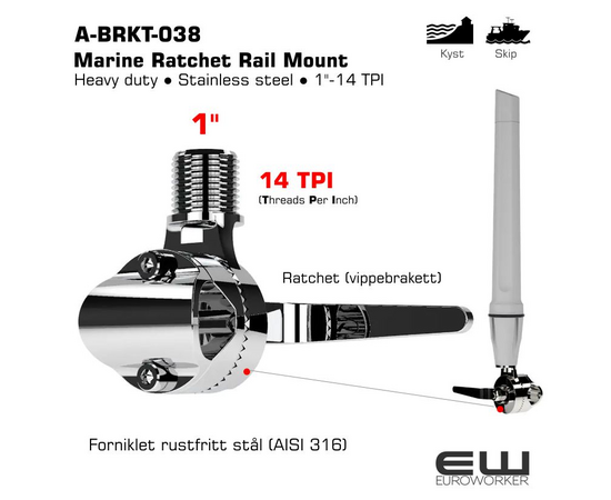 Detaljert beskrivelse av A-BRKT-038

Poynting A-BRKT-038 er et marint feste som er spesialdesignet for å montere antenner på båter. Det er en såkalt "ratchet rail mount", som betyr at det er en justerbar og låsbar brakett. Den er laget av rustfritt stål (316 Grade), et materiale som er svært motstandsdyktig mot korrosjon og perfekt for bruk i saltvann. Festet passer til rør og rekker med en diameter på 7/8" til 1" og har en standard 1" x 14 TPI gjenget montering, som passer til de fleste marineantenner.

Slik monteres det på båten

Montering av festet er ganske rett frem. Du fester A-BRKT-038 ved å klemme den rundt båtrelingen eller et rør, og deretter strammer du den til med de medfølgende boltene. Den smarte vippemekanismen lar deg enkelt justere antennens vinkel i små trinn. Dette er spesielt nyttig for å sikre at antennen står helt loddrett, selv om monteringsflaten er skrå. Når vinkelen er riktig, låser du den på plass. Til slutt skrur du bare antennen fast på det gjengede festet.

Viktige tips for plassering og forstyrrelser

For å få best mulig ytelse og unngå signalforstyrrelser, er det avgjørende å tenke over hvor du plasserer antennen.

    Optimal plassering: Antennen bør monteres så høyt og fritt som mulig. Sørg for at den har fri sikt 360 grader rundt, uten store hindringer som master, skorsteiner eller andre store metallobjekter i nærheten. En god tommelfingerregel er at jo høyere du kommer, jo bedre rekkevidde og signalstyrke får du.

    Avstand til andre antenner: En av de viktigste tingene er å holde god avstand til andre antenner, spesielt VHF-antenner og radar. Sterke signaler fra VHF-radioer kan forstyrre 4G/5G-antennen og redusere ytelsen. Plasser derfor antennen minst 0,5 meter unna andre antenner for å minimere risikoen for forstyrrelser.

    Forstyrrelser fra radar: Unngå å plassere antennen direkte i radarens sendebane, da dette kan skape alvorlig støy og i noen tilfeller til og med skade utstyret. Radaren bør alltid monteres høyere enn andre antenner om mulig.

Kort fortalt, ved å velge et høyt og fritt sted på båten og holde god avstand til annen radioelektronikk, får du mest ut av antennen din.