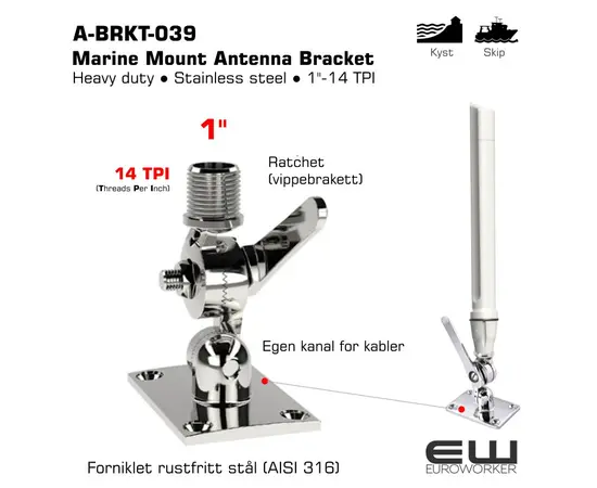 Poynting A-BRKT-039 er et robust marinefeste som skiller seg fra A-BRKT-038 ved at det er designet for flatmontering, i motsetning til rekkverkmontering. Festet er laget av høykvalitets 316-graders rustfritt stål, noe som sikrer maksimal beskyttelse mot korrosjon i tøffe marine omgivelser. I likhet med andre Poynting-fester, har også denne et standard 1" x 14 TPI gjenget feste for antennen, som gjør den kompatibel med et bredt spekter av marineantenner. Den har også en vippefunksjon ("tilt joint") som lar deg justere antennens vinkel.

Slik monteres det på båten

Denne braketten er designet for å festes direkte på en flat overflate, som et dekk, en baugspryd, en mast eller en vegg på hytta. Monteringen krever at du borer hull i overflaten for å feste braketten med M6 forsenkede skruer (countersunk screws). Du må sørge for at monteringsflaten er solid og egnet for å bære vekten og belastningen fra antennen. Vippefunksjonen gjør det enkelt å justere antennens vinkel etter montering for å sikre at den står helt loddrett og dermed fungerer optimalt.

Viktige tips for plassering og forstyrrelser

Plassering av antennen er like viktig for A-BRKT-039 som for alle andre marinefester. De samme grunnleggende prinsippene gjelder for å sikre best mulig signal og unngå forstyrrelser:

    Optimal plassering: Antennen bør plasseres så høyt og fritt som mulig for å maksimere rekkevidden og unngå hindringer som kan blokkere signalene, som for eksempel master eller annet utstyr.

    Avstand til andre antenner: For å unngå kommunikasjonsinterferens, bør du plassere antennen med en avstand på minst 0,5 meter fra andre antenner og store metallobjekter. Dette er spesielt viktig for å hindre forstyrrelser fra kraftige radiosignaler, som for eksempel fra VHF-radioer og radar.

    Forstyrrelser fra radar: Unngå å montere antennen direkte i radarens sendestråle. Radarer kan forstyrre andre elektroniske enheter, og antenner plassert i denne strålen kan få redusert ytelse.
