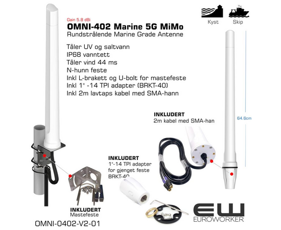 OMNI-402 Marine 5G MiMo
 
Poynting OMNI-402-5G MiMo-marineantenne

 

Poynting OMNI-402-5G er en høytytende, rundstrålende og framtidsrettet marineantenne spesielt designet for bruk på båter, yachter og andre fartøy. Med et imponerende ultra-bredt frekvensområde fra 410 til 4200 MHz, dekker den alle moderne 5G/4G/LTE-bånd over hele verden, inkludert 450 MHz LTE og de øvre 4.2 GHz 5G-båndene.

Antennen er utstyrt med MiMo-teknologi (Multiple-Input, Multiple-Output), som betyr at den har to separate antenneelementer i samme hus. Dette muliggjør parallell mottak og sending av data, noe som dramatisk forbedrer signalstabiliteten og maksimerer datahastighetene for din mobile bredbåndstilkobling. Den robuste konstruksjonen er beskyttet mot UV-stråler, saltvann og har en IP68-klassifisering, noe som garanterer pålitelig ytelse under de tøffeste værforhold.

Tekniske spesifikasjoner:

    Frekvensområde: 410–4200 MHz

    Forsterkning: Opptil 5.8 dBi

    Kabel: 2 stk. 2 meter HDF-195 lavtapskabel

    Kontakter: 2 x SMA-han

    Polarisering: Lineær vertikal

    Beskyttelsesgrad: IP68 (vann- og støvtett)

    Vindmotstand: Opptil 160 km/t

    Monteringsmål: Standard 1"-14TPI (marinefeste)

 
Anbefaling for montering på skip

 

For å oppnå optimal ytelse med din Poynting OMNI-402-5G-antenne, følg disse anbefalingene:

    Høy plassering: Monter antennen på det høyeste mulige punktet på fartøyet, som toppen av masten, hyttetaket eller radarbøylen. Jo høyere den er, desto bedre rekkevidde og siktlinje vil den ha til basestasjonene på land.

    Unngå hindringer: Siden antennen er rundstrålende (omnidireksjonell), er det viktig at den ikke er skjermet av store metallstrukturer, som radarbraketter, skorsteiner eller andre antenner. Plasser den minst 0.5 meter unna andre antenner og store metallobjekter for å minimere interferens.

    Bruk riktig feste: Antennen leveres med et standard 1"-14TPI marinefeste, men du vil trenge en passende brakett for å feste den til masten, rekka eller en annen overflate. Bruk et solid feste i rustfritt stål som tåler de påkjenningene et maritimt miljø gir.

    Kabelbeskyttelse: De to medfølgende kablene bør beskyttes. Sørg for at de ikke blir klemt, strukket eller utsatt for skarpe kanter. Bruk kabelklemmer for å feste kablene langs masten. Det er også en fordel å lage en "dryppløkke" under tilkoblingen for å hindre at vann renner langs kabelen og inn i kontakten.

    Forlengelse av kabel: Hvis 2 meter kabel ikke er tilstrekkelig, må du bruke en lavtapskabel og egnede skjøtekontakter. Vær oppmerksom på at ekstra kabellengde kan redusere signalstyrken, så hold forlengelsen så kort som mulig.

    Antennespesifikasjoner:
    Frekvensområde og forsterkning:
    410-470 MHz, 1.0 dBi maks.
    690-960 MHz, 2.1 dBi maks.
    1710-2700 MHz, 5.8 dBi maks.
    3400-4200 MHz, 5.8 dBi maks. 
    VSWR: < 3:1 over 90% av båndene

    Polarisering: Lineært vertikalt
    Utstråling: Rundstråle
    Impedans: 50 Ohm
    Kapslingsgrad: IP 68
    Vindgrense (Wind Survival): < 120 km/h
    Temperaturområde:  -40°C til +80°C
    Antennekabel: To stk. to meter HDF 195 lavtapskabel med SMA-hankontakt
    Tap i kabel: 0.35 dB/m ved 900 MHz, 0.53 dB/m ved 2000 MHz, 0.6 dB/m ved 2500 MHz, 0.72 dB/m ved 3500 MHz
    Farge: Hvit. Fargkode: Pantone P 179-1 C
    Materiale: Halogenfri ASA-plast

    Dimensjon antenne: 75 x 7.5 cm. (inkl. marine endestykke)
    Dimensjon produkteske: 70.4 x 14.7 x 10 cm.
    Vekt: 0.86 kg. Vekt inkl. produkteske: 1.76 kg.

     

    Montering til 1"x14TPI marine festesystemer, evt. på vegg eller på masterør med en diameter på maks. 5 cm.