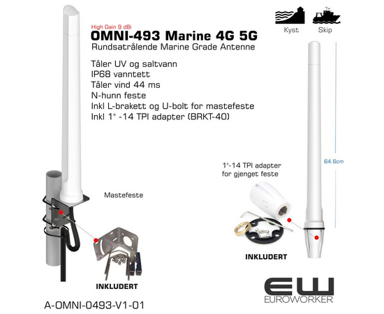 Poynting OMNI-493 4G-/5G-marineantenne 617-3800 MHz. Kraftig 4G-/5G-antenne A-OMNI-0493-V1-01