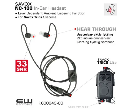 Savox Trics Headset in ear NC100 Noise-com NC-100 K600843-00 Euroworker