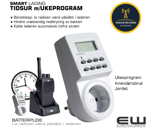 Enkel innstilling: På i 4 timer én gang i uken

Før du begynner:

    Koble tidsuret til et strømuttak og la det stå i ca. 12 timer for å lade batteriet.

    Trykk på MASTER CLEAR-knappen med en spiss gjenstand (som en penn) for å slette alle tidligere innstillinger.

Slik stiller du inn klokken:

    Hold inne CLOCK-knappen.

    Mens du holder CLOCK, trykk på WEEK, HOUR og MINUTE til du har stilt inn riktig ukedag og klokkeslett.

    Slipp alle knappene.

Slik programmerer du:

    Trykk én gang på TIMER-knappen. Skjermen viser nå 1_ON.

    Trykk på WEEK-knappen til du ser ønsket dag, for eksempel Mo (mandag).

    Bruk HOUR og MINUTE-knappene for å stille inn klokkeslettet for når strømmen skal skrus PÅ. Sett for eksempel til 18:00.

    Trykk på TIMER-knappen igjen. Skjermen viser nå 1_OFF.

    Trykk på WEEK-knappen for å velge den samme dagen som i trinn 2 (f.eks. Mo).

    Bruk HOUR og MINUTE-knappene for å stille inn når strømmen skal skrus AV. Siden du vil ha 4 timer, setter du klokken til 22:00.

    Trykk på CLOCK-knappen for å gå ut av programmeringsmodus.

For å aktivere programmet:

    Trykk på MANUAL ON/AUTO/MANUAL OFF-knappen til skjermen viser AUTO.

Tidsuret vil nå automatisk skru på strømmen i 4 timer på den valgte ukedagen.