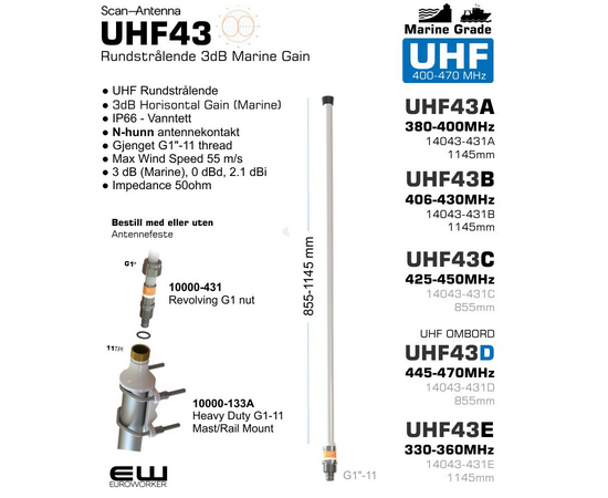 Scan Antenna UHF43-serie 3dB Gain Marine og Baseantenne 
EUROWORKER

● UHF Omni Directional 
● 3dB Horisontal Gain
● End-fed full 1/2 λ coaxial dipole 
● IP66 - Vanntett
● N-hunn antennekontakt
● Gjenget G1"-11 thread
● Max temp. -55C to +70C 
● Max Wind Speed 55 m/s 
● 3 dB (Marine), 0 dBd, 2.1 dBi
● Max 250 W
● Polarisation Vertical
● Vswr < 1.5
● Impedance 50ohm