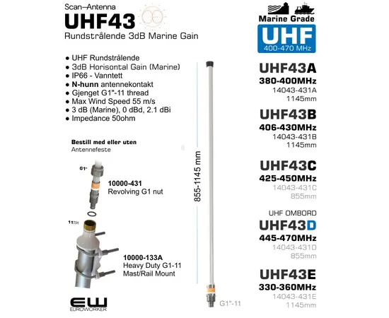 Scan Antenna UHF43-serie 3dB Gain Marine og Baseantenne 
EUROWORKER

● UHF Omni Directional 
● 3dB Horisontal Gain
● End-fed full 1/2 λ coaxial dipole 
● IP66 - Vanntett
● N-hunn antennekontakt
● Gjenget G1"-11 thread
● Max temp. -55C to +70C 
● Max Wind Speed 55 m/s 
● 3 dB (Marine), 0 dBd, 2.1 dBi
● Max 250 W
● Polarisation Vertical
● Vswr < 1.5
● Impedance 50ohm